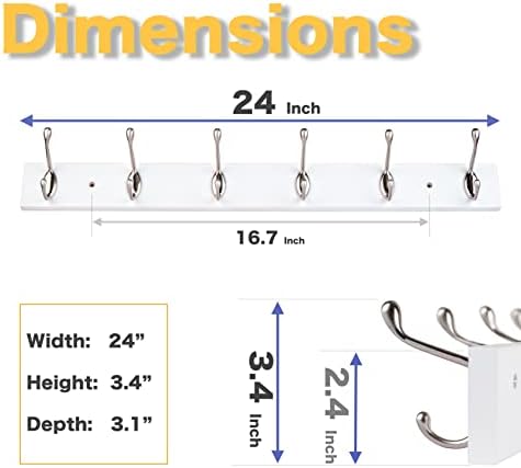 Wall Mounted Coat Rack 24 Inches with 6 Hooks - 2 Pack, Wall Coat Hooks Wall Hat Hanger, Satin Nickel & White - Image 5