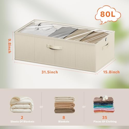 10inch 3 Pack Under Bed Storage Containers, 10 Inch Tall Underbed Clothes Storage Organizer Bin with Clear Window，Foldable Box Basket for Clothes, Closet, Bed Sheets and Blankets Beige - Image 2