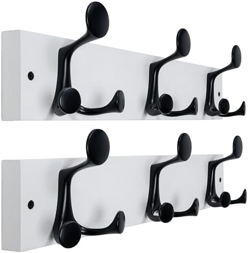 WEBI Coat Rack Wall Mount,17" Solid Wood Coat Hooks Wall Mounted Coat Hanger,16" Hole to Hole,Heavy Duty Hook Rack Rail,3 Triple Hooks for Hanging Coats,Jacket,Clothes,Hat,Backpack,White,2 Packs by WEBI