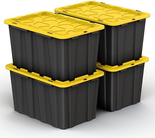4 Pack of Large 17 Gallon Plastic Storage Bin Tote Organizing Container with Secure Latching Lids, Stackable, Extra Strength Clear with Built in Handle - Black and Yellow by Lifetime