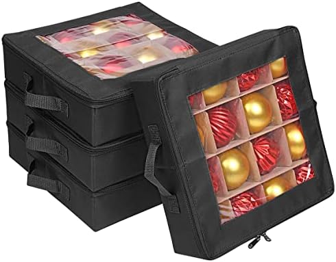 ProPik 4 Pcs Christmas Ornament Storage Boxes with Dividers | 4 Individual Trays Hold 64 Holiday Decoration Balls | Durable Ornaments Organizer Storage Box | Zippered Closure with Handles (Black) by ProPik