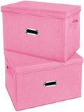 Large Linen Fabric Foldable Storage Bins with Removable Lid and Handles, Washable Storage Box Organizer Containers Baskets Cube with Cover for Bedroom,Office(Pink, Large(2-Pack)) by Unknown