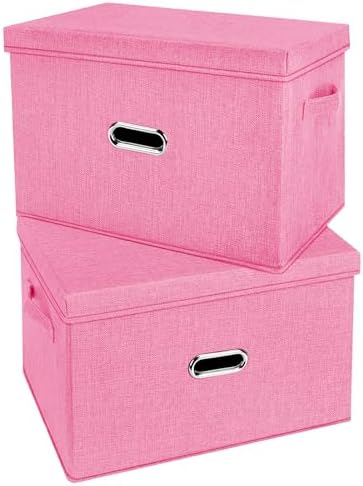 Large Linen Fabric Foldable Storage Bins with Removable Lid and Handles, Washable Storage Box Organizer Containers Baskets Cube with Cover for Bedroom,Office(Pink, Extra Large(2-Pack)) by Unknown