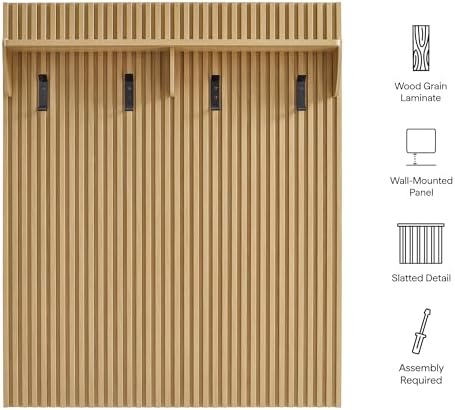 Modway Render Modern Fluted Wood Coat Rack Panel in Light Oak with Shelf and Hooks – Wall-Mounted Entryway Organizer for Hallway, Mudroom, or Foyer - Image 2