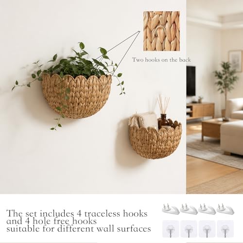 Scalloped Wicker Wall Baskets 2 Pack - Handwoven Hanging Rattan Storage Baskets for Wall Decor, Boho Front Door Basket & Farmhouse Bedroom Decoration (Natural) - Image 4