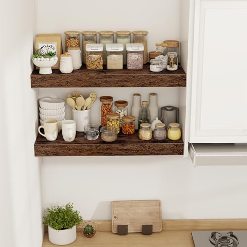 Acovy 30 Inch Floating Shelves, 12" Deep Floating Shelf Wall Mounted, 30" Wall Shelves, Rustic Deep Bookshelf, Extra Deeper & Thicker Display Shelves for Bedroom, Living Room, Brown, Set of 2 - Image 2