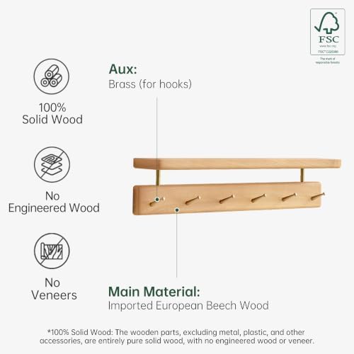 Solid Wood Wall Hooks with Shelf, Coat Rack Wall Mount, Entryway Hanging Shelf with 6 Brass Hooks for Hats, Clothes, Towels, Bags, Beech Wood, Natural - Image 7