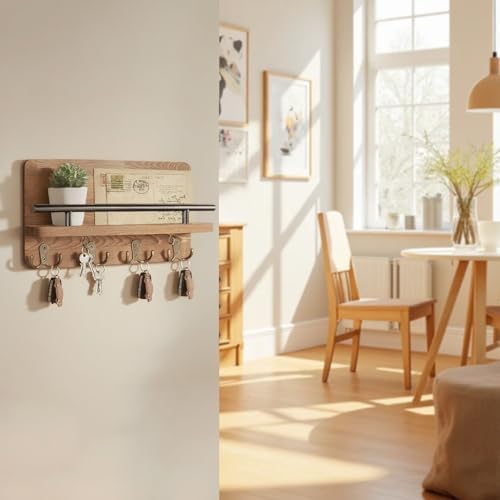 Key Holder for Wall, Wooden Key Hooks Wall Mount Mail Organizer Hanger Rustic Wooden Mail Rack Organizer with Hooks for Home Mudroom Office Entryway Hallway - Image 5