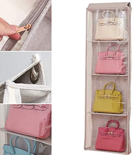 Handbag Organizer Storage Purse Bag Hanger with 4/5 Easy Access Deep Pockets Fully Sealed with Zipper dust-Proof for Closet Wall…(Gray, 4 Pockets) by Honimered