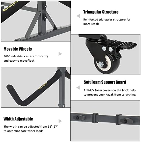 Bonnlo Kayak Stand Freestanding Storage Rack for Kayak Canoe Boat Paddle Board SUP Surfboard for Indoor Outdoor Garage, Shed, Dock with Lockable Wheels Wide Adjustable - Image 4