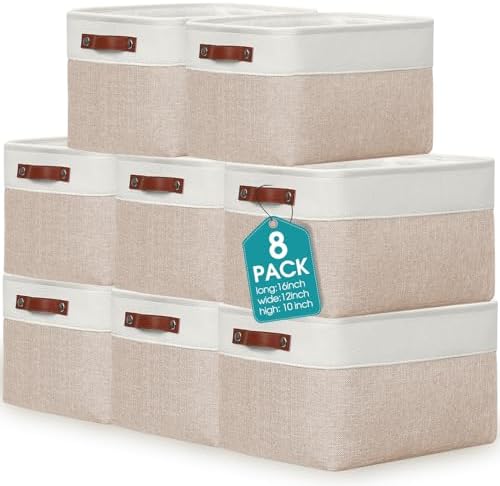Uiifan 8 Pack 16 x 12 x 10 Inch Large Storage Baskets Collapsible Fabric Storage Cubes Bins with Handles for Shelves Closets Nursery Home Clothes Toys Organizers, Beige by Uiifan