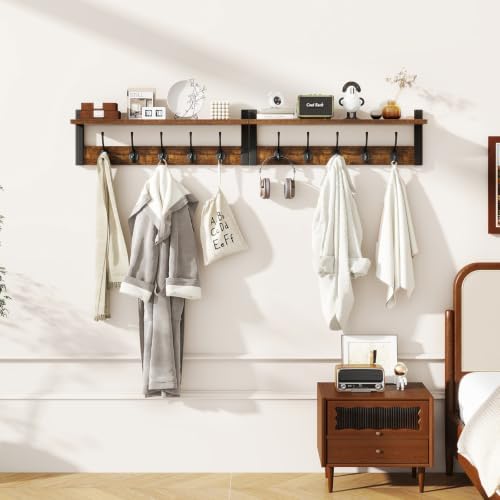 47.2" Coat Rack Wall Mount with Shelf and 10 Hooks, Rustic Brown UHWS004H-2 - Image 4