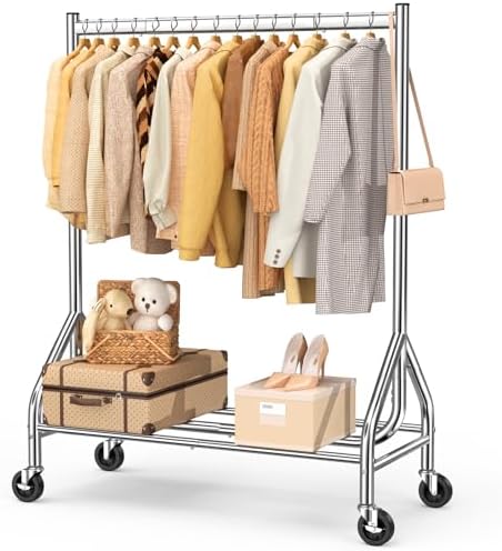 EAGMAK Heavy Duty Clothes Rack Load 420 LBS, Rolling Garment Rack with Lockable Wheels, Standing Metal Clothing Rack with Shelves, Portable Wardrobe Sturdy Coat Rack for Hanging Clothes (Silver) by EAGMAK
