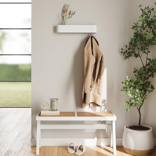 Kazai. Wall-Mounted Coat Rack 'Toke' - Modern Design Coat Rack with Hidden Wall Hooks - Solid Wood Veneer Panel Coat Hanger - White - Image 6