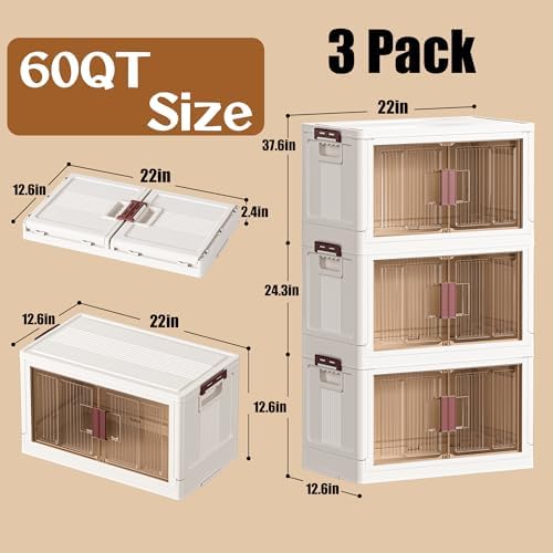 45GAL/180QT 3 tier large stackable storage bins with lid and wheels, collapsible storage bins plastic with doors，suit for clothes, closet, home and office - Image 2