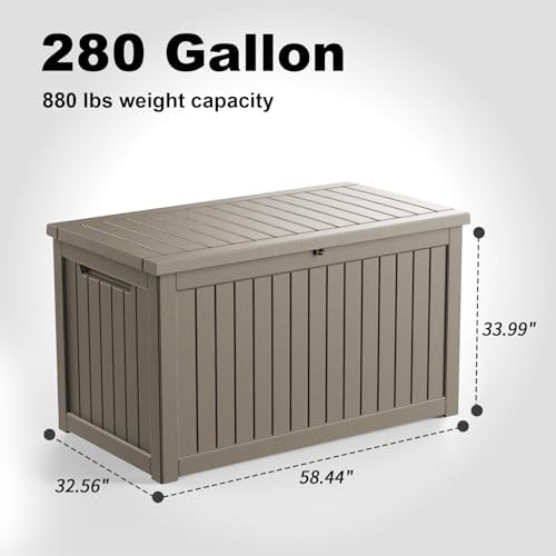 Outdoor Waterproof Resin Storage Deck Box Lockable Outside Bench UV Resistant Bin Patio Porch Furniture Pool Float Garden Tool Cushion (Grey, 280 Gallon) - Image 7