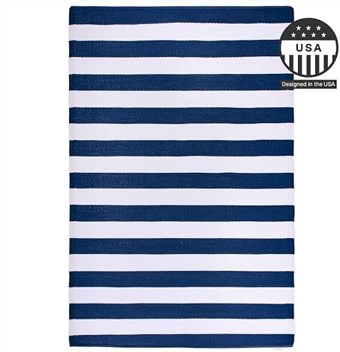FH Home Outdoor Rug - Waterproof, Fade Resistant, Reversible - Premium Recycled Plastic - Striped - Large Patio, Deck, Sunroom, Camping, RV - Brittany Stripe - Blue & White Crease Free - 6 x 9 ft - Image 4