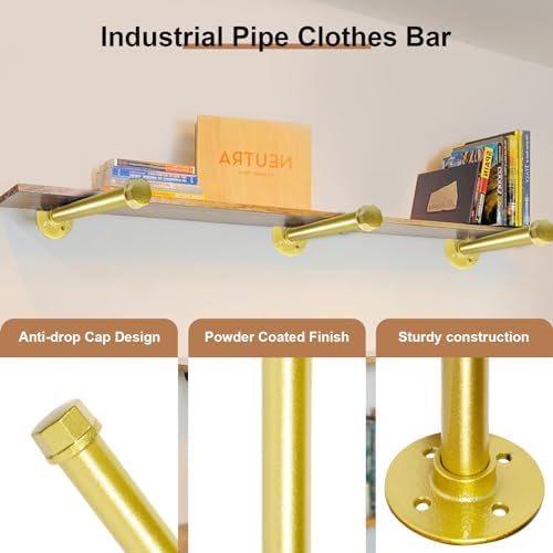 Pintuson 6 Pcs Industrial Pipe Clothes Bar 12 Inch - Wall Mount Clothing Rack - Face Out Closet Rods for Hanging Clothes Commercial Retail Boutique Laundry Shirt Display - Golden - Image 4