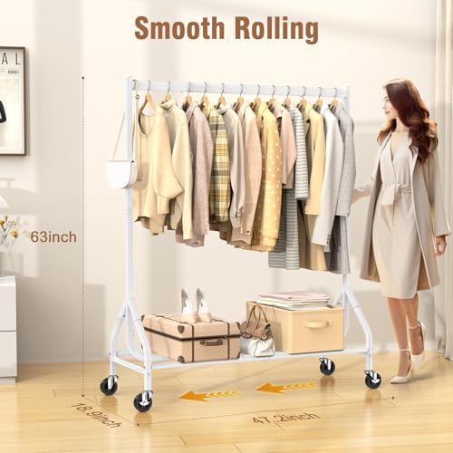 EAGMAK Heavy Duty Clothes Rack Load 420 LBS, 47.2" Long Rolling Garment Rack with Lockable Wheels, Standing Metal Clothing Hanger, Portable Wardrobe Sturdy Coat Organizer for Hanging Clothes (White) - Image 2