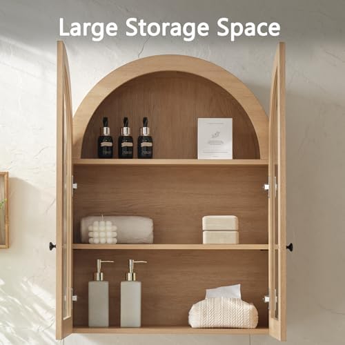 Bathroom Arched Wall Cabinet, 23.5'' Wide Medicine Cabinet, Bathroom Cabinet Wall Mount W/ Glass Doors & Adjustable Shelves, Over The Toilet Storage Cabinet for Laundry Room, Bedroom,Kitchen,Natural - Image 5