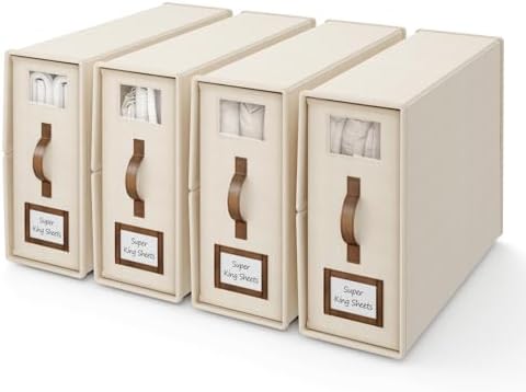 4 Pack Foldable Bed Sheets Set Organizers and Storage(Cal King Size),Linen Fabric Closet Organizers with Window,Folding Bedding Storage Box for Bedsheets and Pillow Cube Organizer-Beige by BigPonPon
