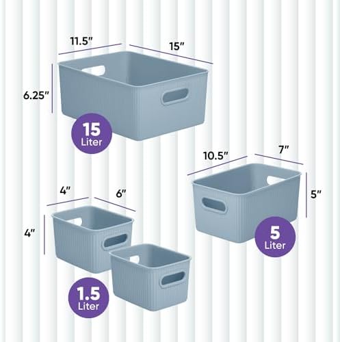 Superio Ribbed Collection - Decorative Plastic Basket Open Home Storage Bins Organizer, Blue (Set of 4) 1 Large, 1 Medium, 2 Small - Container Boxes for Organizing Closet Storage Bins for Shelves - Image 2
