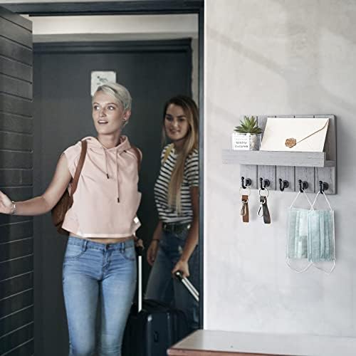 Rebee Vision Key Holder for Wall Set : 10" Key Rack with 5 Hooks & 16" Mail Organizer with Chalkboard and 4 Anchor Hooks for Home Apartment Entryway Decor - Grey - Image 2