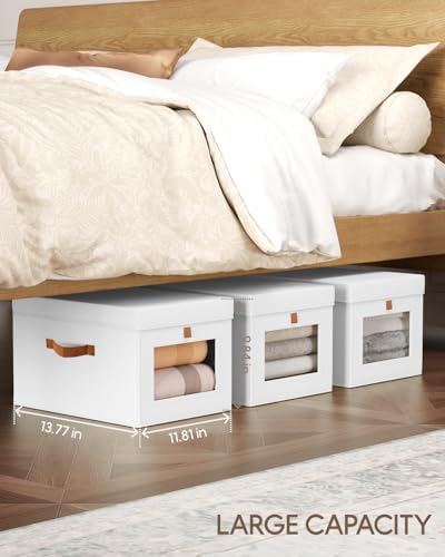 Homsorout Storage Bins with Lid – Closet Organizer with Side Opening and Clear Window, Foldable Stackable Fabric Basket for Clothes, Home, Office - 13.77" x 11.8" x 9.8", 4 Pack, White - Image 4