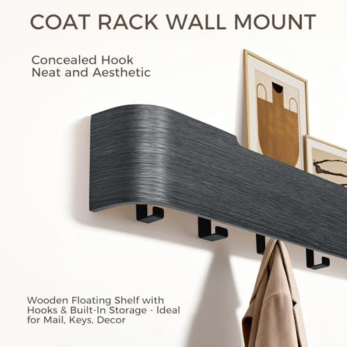 Coat Rack Wall Mount with Shelf Entryway Shelf Modern Key Holder Hanger Wall Shelves with Hidden Hooks for Hanging Towels Coats Hats Bags for Hallway Bathroom Bedroom (Black, 5 Hooks) - Image 4