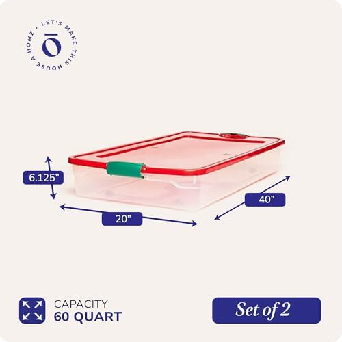 HOMZ 60-Quart Holiday Plastic Underbed Storage Bins with Red Latching Lids, Secure Clear Rolling Storage for Home Organization, 2 Pack, Green Latches - Image 4
