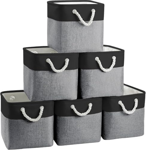 Fabric Storage Cubes 13 x 13, Collapsible Storage Bins for Shelf Baskets, Cube Storage Organizer Black Gray Bins with Cotton Handles,Foldable Storage Bin box,Cube Storage Bin 6 Pack by BOFUGA