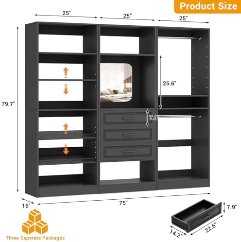 Unikito 75" Modular Closet System with 3 Sets, Mirror & Drawers, Black - Image 7