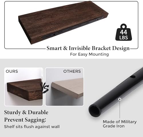 Axeman Floating Shelves, 2 Pack 8 Inch Deep Rustic Solid Wood Wall Shelves for Storage, Wall Mounted Display Shelving with Invisible Heavy-Duty Metal Bracket, 24" W x 8" D x 1.6" H, Rustic Brown - Image 4