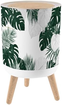 Trash Can with Lid Floral seamless green black white split leaf Philodendron plant vines Small Garbage Can with Legs Waste Bin Press Cover Wastebasket for Kitchen Bathroom Living Room 7L/1.8 Gallon by Unknown