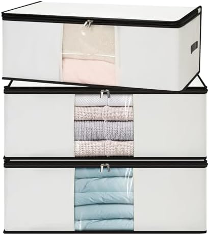 Cozary Pack of 3 60 L Underbed Storage Box, Foldable Storage Bag with Lid and Clear Window, Underbed Storage Bag with Handle for Blankets, Bedding, Clothes by Cozary