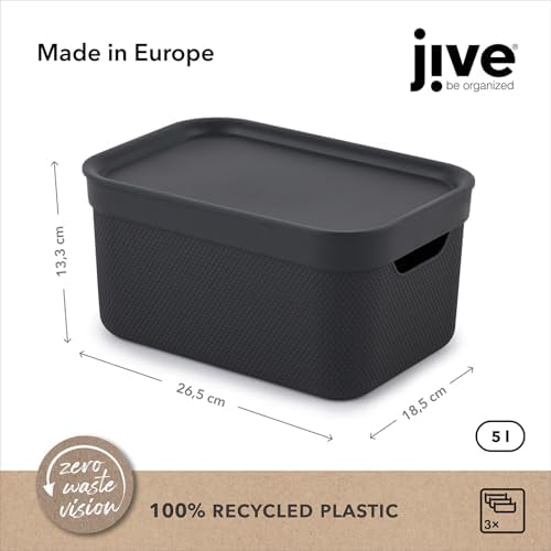 Jive Dekobox Set of 3 5 L Storage Boxes with Lids, Plastic (Recycled PP), Dark Grey, 3 x 5 L (26.5 x 18.5 x 20 cm), Darkgray - Image 3