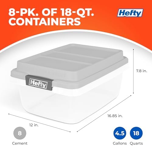 Hefty 18 Qt Hi-Rise Storage Bin with Lid, Stackable Plastic Storage Container, Organizer for Home, Garage & Closet, 8 Pack, Gray - Image 3