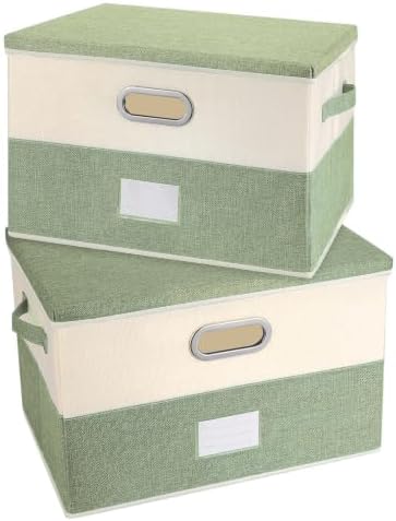 Large Linen Fabric Foldable Storage Bins with Removable Lid and Handles, Washable Storage Box Organizer Containers Baskets Cube with Cover for Bedroom,Office(Green&Cream, Large(2-Pack)) by Unknown