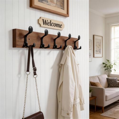 WEBI Coat Rack Wall Mount,30" Solid Wood Coat Hooks Wall Mounted Coat Hanger,16" Hole to Hole,Heavy Duty 5 Triple Hooks for Hanging Coats,Jacket,Hat,Backpack,Farmhouse,Reddish Brown,2 Packs - Image 4