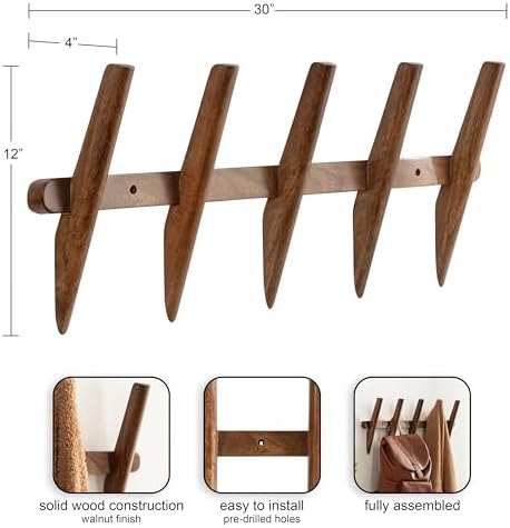 Kate and Laurel Eland Modern Five-Hook Wall Hanging Coat Rack; 30 x 4 x 12; Walnut Brown; Decorative Wood Coat Rack Wall Mount for Use as Entryway Storage or Mudroom Hooks - Image 2