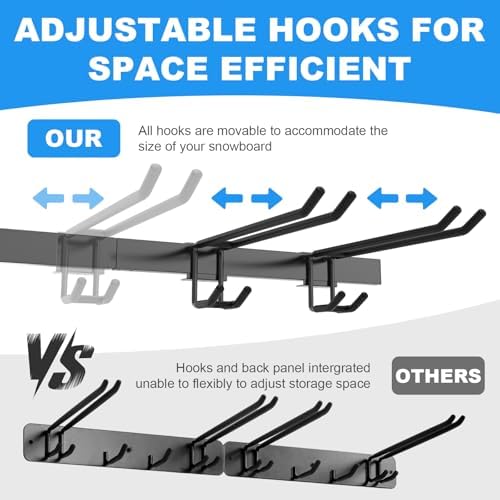 48'' Ski Rack Wall Mount,12 Pairs Ski Holders for Wall with Movable Rubber-Coated Hooks for Garage Storage Organizer System, Snowboard Wall Mount for Garage and Home Shed, Holds Up to 880lbs - Image 5