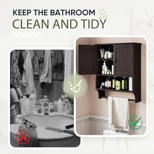 Smuxee Brown Wall Cabinet with Towel Bar - Medicine Cabinet with Adjustable Shelves, Over Toilet Cabinet for Laundry Room Kitchen - Image 7