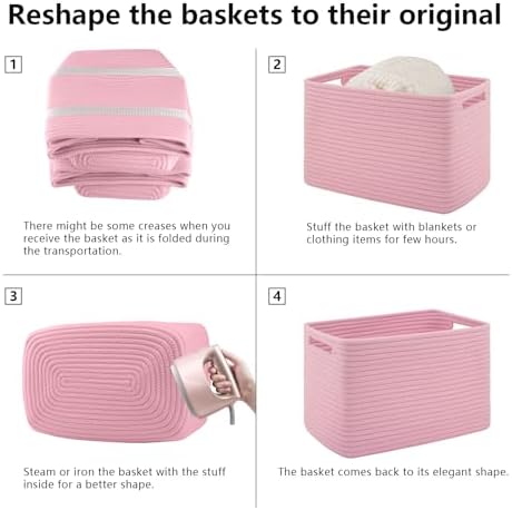 4 Pack Storage Baskets for Organizing Toys, Towels, and Clothes, Woven Basket for Shelves, Sturdy Nursery Cube Bins for Storage, 13''L x9''W x7.8''H, Pink - Image 6