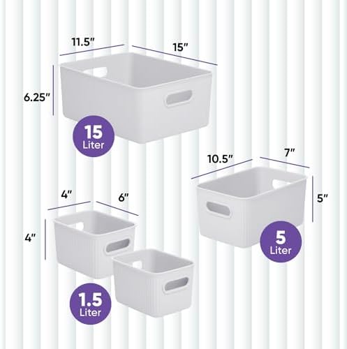 Superio Ribbed Collection - Decorative Plastic Basket Open Home Storage Bins Organizer, White Smoke (Set of 4) 1 Large, 1 Medium, 2 Small - Containers for Organizing Closet Storage Bins for Shelves - Image 2