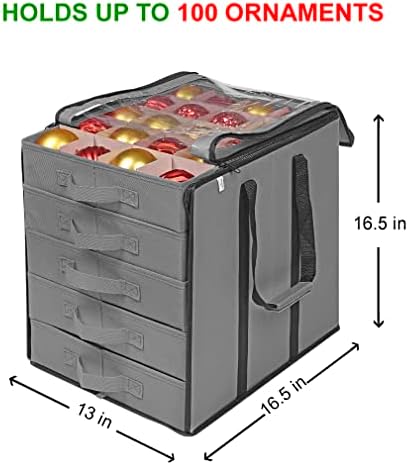 ProPik Christmas Ornament Storage Boxes with Dividers - 5 Separate Trays - Ornament Holder - Keeps 100 Holiday Ornaments - Durable Carrying Bag Handles Organizer Storage Box (Gray) - Image 5