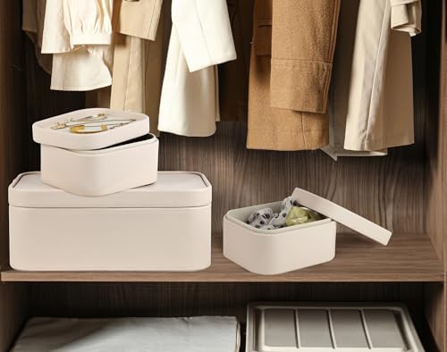 HofferRuffer Faux Leather Decorative Storage Boxes, Dust proof Storage Shelf Baskets with Lids Trays, Storage Bins Memory Box Organizer for Home, Office, Jewelry & More, Set of 3 (CreamWhite) - Image 5