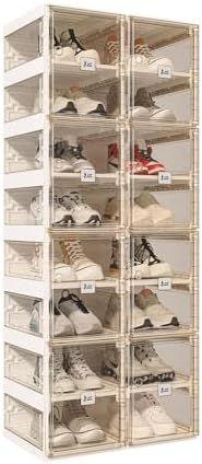 ANTBOX Foldable Shoe Rack,Shoe Organizers for Closet Plastic Shoe Storage Box for Entryway,Living Room,Large Sturdy Stackable Sneaker Cabinet Bins with Magnetic Clear Door 8 Tiers 16 Pairs by ANTBOX