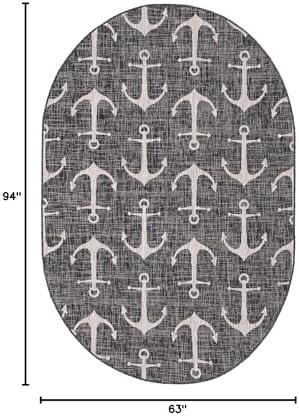 Unique Loom Outdoor Coastal Collection Area Rug - Ahoy (5' 3" x 7' 10" Oval, Charcoal/ Ivory) - Image 2