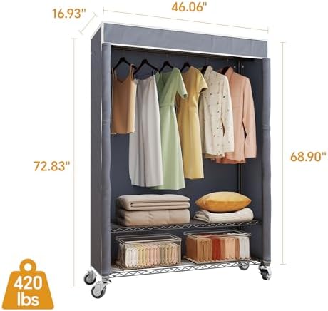 Higeego H4 Plus Rolling Clothes Rack with Cover, Black with Grey Cover - Image 4