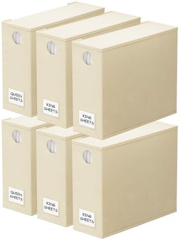 SpaceAid 6 Pack Bed Sheet Organizers and Storage, Foldable Sheet Organizer for Linen Closet, Sheets Set Folder Keeper with Window XL (Queen & King Size) Bedding Container (Beige, 6 Pack) by SpaceAid
